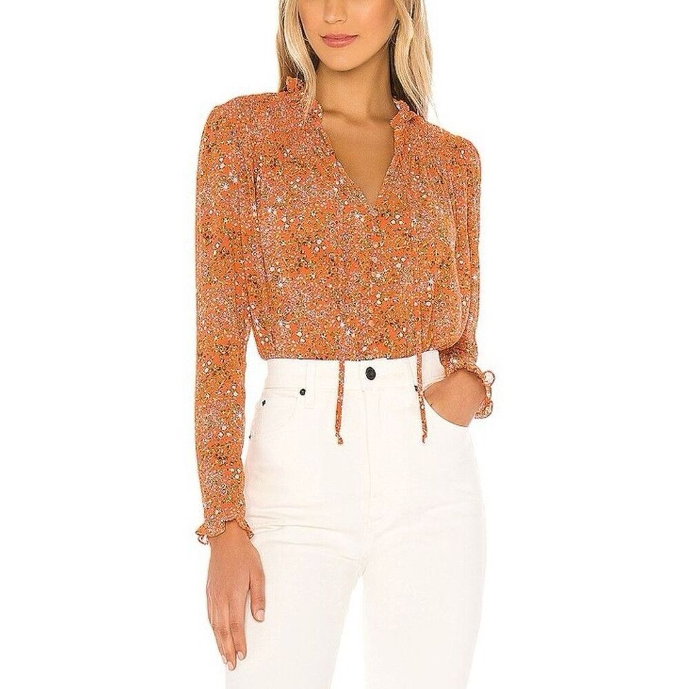 Free People Lela Blouse Coral Combo Floral Smocked Boho Top Women’s XL